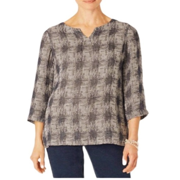 J. Jill Pure Jill Green/Gray 100% Linen Lagenlook Plaid Top 3/4 Sleeves Sz XS - Picture 1 of 7